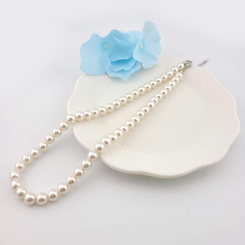 [N-001-09]아크릴진주목걸이줄 진주8mm크림+실버 약40cm+조정자 ,1개