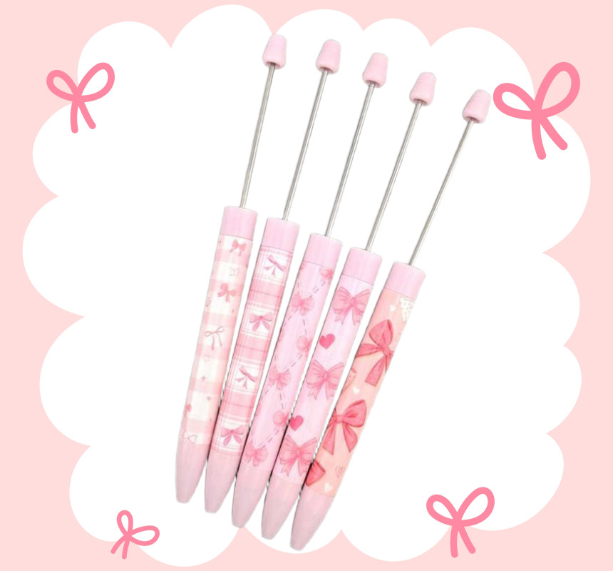 비즈톡 [BG-1-08]볼꾸 볼펜꾸미기 펜꾸 꾸미기재료 비즈볼펜 핑크리본볼펜 (랜덤) ,1개